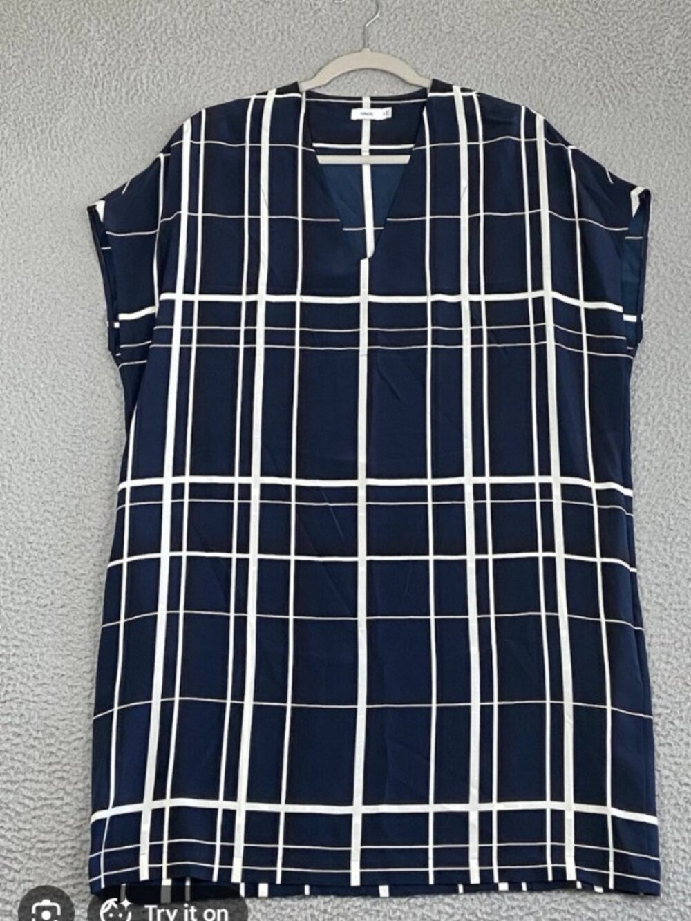 Vince - 100% Silk Lattice Windowpane Shift Dress (Medium) Navy Blue/White matrix